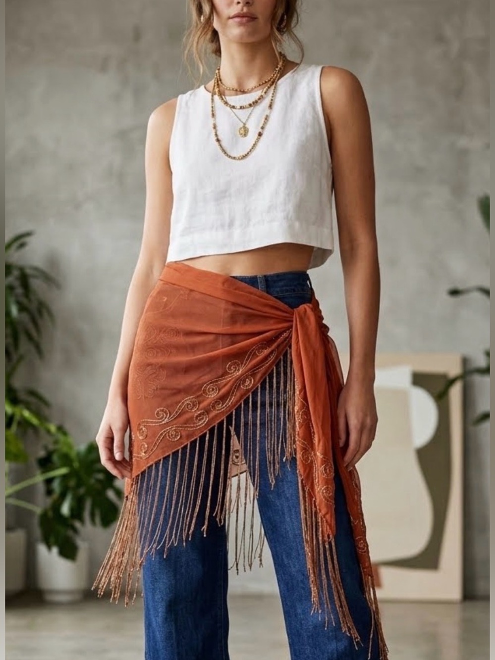 Bijoux Terner Rust Color Embroidered Fringe Asymmetrical Wrap Scarf